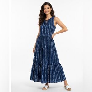 Old Navy Blue White Tiered Maxi Dress Sleeveless Ikat Shibori Boho Vacation Chic